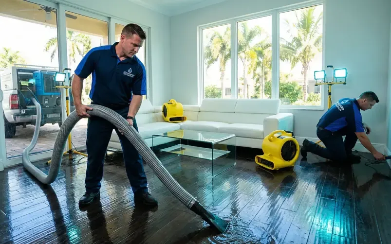 Restoration technician extracting water from the floor of a water damaged home during the first stage of drying