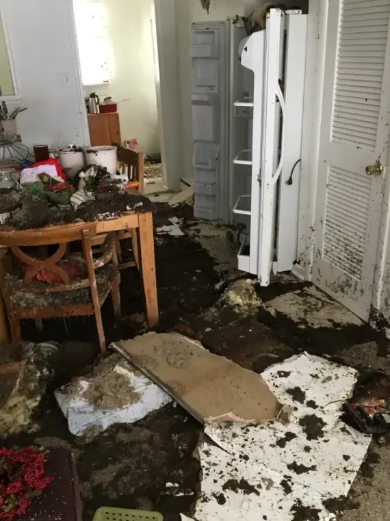 Water damage inside a home after heavy storm rain