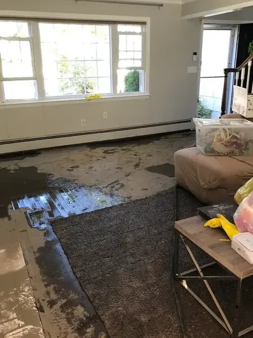 Muddy floodwater spread across a living room floor after a storm